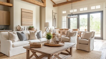 Fototapeta premium Designing a cozy farmhouse style living room home interior design rustic soft beige walls comfort and style