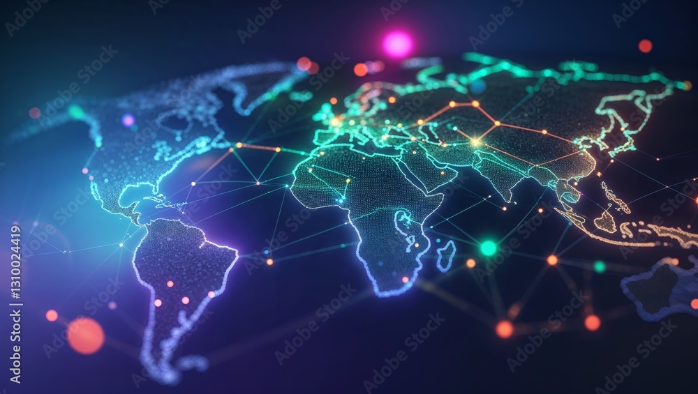 Poster colorful digital representation of a global map showcasing interconnected networks across continents