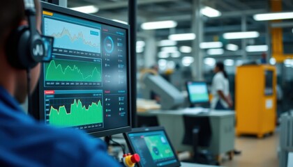 Data analysis in manufacturing facility industrial insights digital technology modern workspace close-up view efficiency metrics