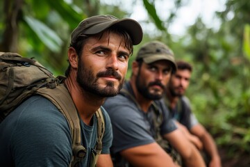 Fototapeta premium Three soldiers taking a break during a mission in the jungle