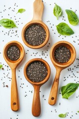 Overhead View of Chia Seeds in Wooden Spoons with Basil Leaves on White Background