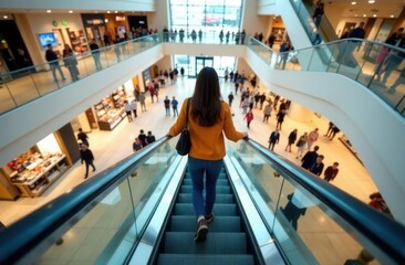 Shopping mall adventure: woman descending escalator in bustling retail center
