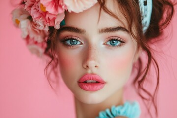 Naklejka premium Beautiful model posing with pink flowers and makeup on pink background