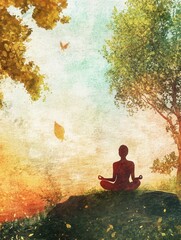 Obraz premium Meditating person in serene nature during soft light enhances peaceful ambiance and tranquility