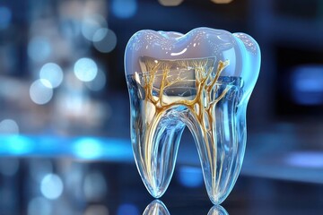 A detailed view of a tooth showcasing the root canal procedure with a bluish theme. 