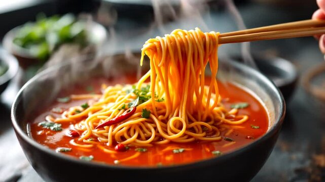 A vibrant bowl of red-tinged spicy flat miki noodles pasta