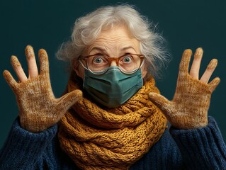 Woman in Mask with Hands Up on Teal