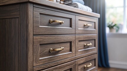 Fototapeta premium Wooden dresser drawers close-up in bedroom