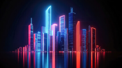 Fototapeta premium Futuristic neon cityscape with illuminated skyscrapers reflecting on water