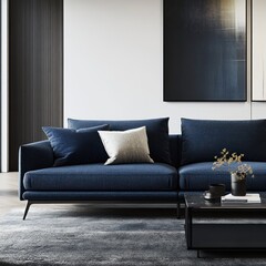 Modern navy blue sectional sofa in a contemporary living room with minimalist decor.