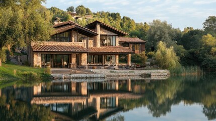 A charming lakeside villa with a rustic exterior, modern interiors, and tranquil reflective waters --ar 16:9 --v 6.1 Job ID: 82d8fa9c-4466-4de5-a1ef-615c69d5fcad