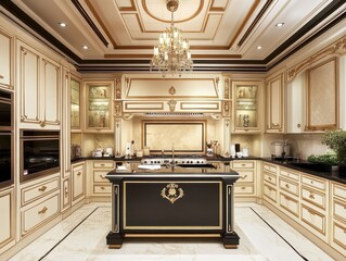Luxurious kitchen interior featuring ornate cabinets and a grand chandelier