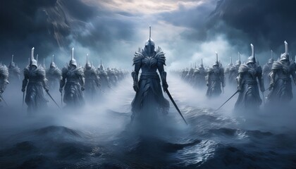 Fototapeta premium A mystical army of armored warriors appears from swirling mists in a world of intrigue.