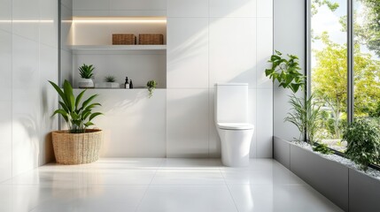 Chic bathroom space showcasing a ceramic toilet and organized shelving.