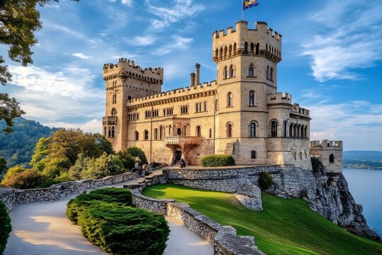 Castello di duino illuminating under the sunlight with scenic landscape view