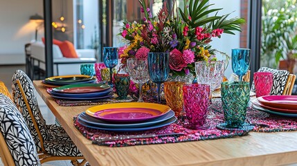 Colorful dining table setting in modern home, vibrant floral centerpiece