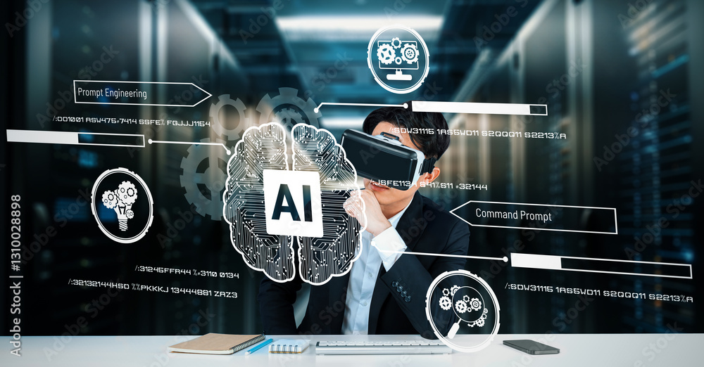 Poster business man with goggles working while using ai technology. project manager with formal suit checki