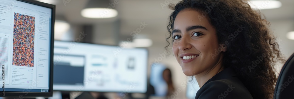 Aufkleber a woman with curly hair is smiling at the camera while sitting in front of a computer monitor. she i