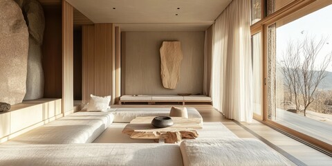 A spacious modern living room designed with natural materials