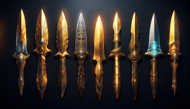 A stunning array of ornate daggers showcases intricate designs, shimmering in vibrant light.
