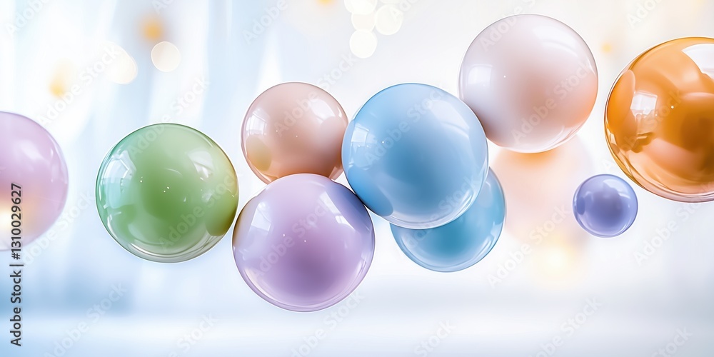 Poster colorful spheres floating in a bright and soft space with a dreamy background and light reflections