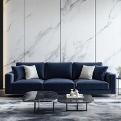 Modern navy blue velvet sofa with marble accent wall and coffee tables in a stylish living room interior.