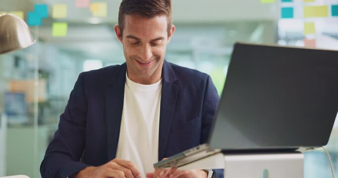 Office, businessman and typing with laptop for email, article research and proofreading information. Smile, male person and journalist in creative agency for news publication, blog website or editing