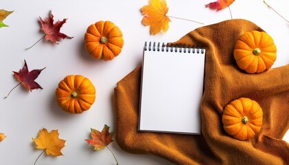 Autumn Flat Lay Small Pumpkins, Fall Maple Leaves, and Blank Notebook on a White Background Cozy, Crisp, and Inspiring Autumn Scene