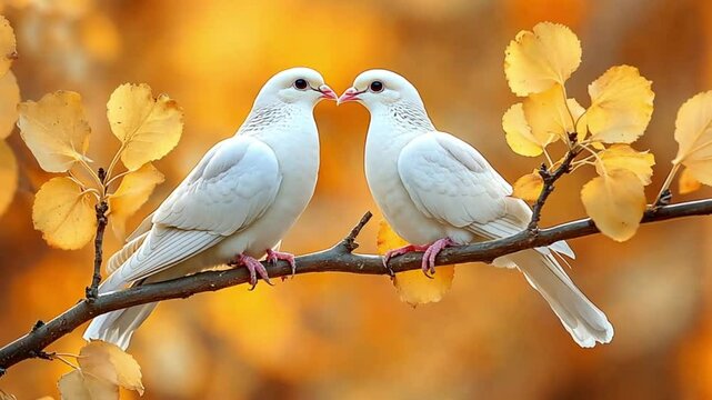 Two white doves in love, autumn leaves, peaceful, romantic, nature's beauty, heartwarming, ideal for card, print