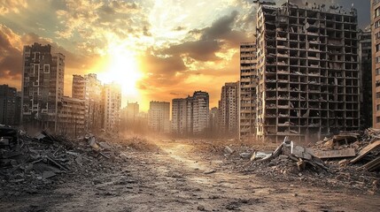 The devastation of urban landscapes is evident in the ruins.