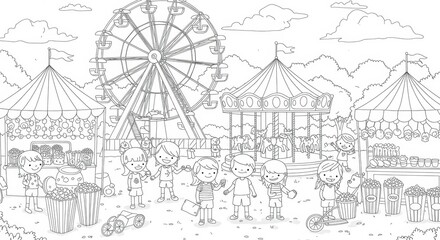 Obraz premium A Vibrant Carnival Scene with Ferris Wheel, Carousel, and Games