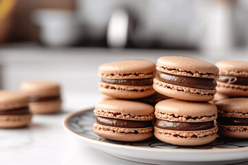 Close-Up of Colorful French Macarons with Creamy Filling on Modern Countertop
