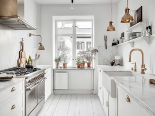 A bright and clean kitchen with white walls and modern appliances