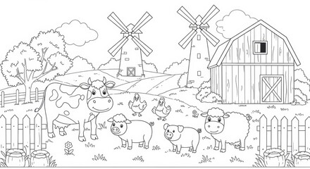 Obraz premium A Cozy Countryside Farm Scene with a Wooden Barn and Windmill