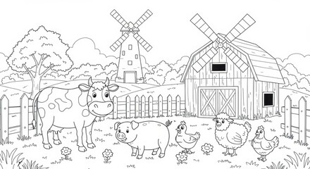 Fototapeta premium Idyllic Countryside Farm Scene with Wooden Barn and Windmill