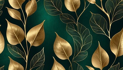 Elegant golden leaf botanical pattern on dark emerald green wallpaper background