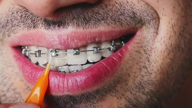 Close-up of male mouth with braces on teeth. Procedure of cleaning braces with a brush.