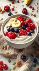 Fresh summer berries on yogurt with banana slices and almonds