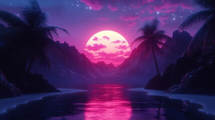 Synthwave Sunset: A Retro Beach Paradise Under a Starry Sky
