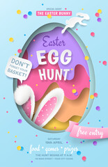 A realistic cutout egg, a paper rabbit, fluffy bunny ears, ribbon, a speech bubble, and colourful confetti are on the Easter Egg Hunt poster template. Vector blue cartoon background for festive flyers