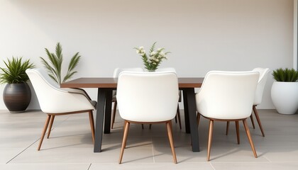 Elegant dining room setup with modern chairs and fresh greenery indoor space contemporary design minimalist viewpoint