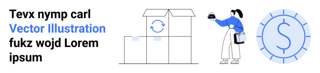 Woman moving packages, dollar coin symbol beside. Ideal for e-commerce, logistics, shipping, retail, payment, business strategy, flat landing page banner