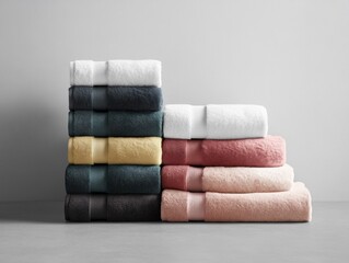Stacked bath towels in various colors (1)