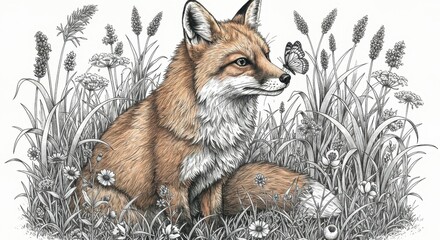 Fototapeta premium Friendly Fox in a Meadow with Wildflowers and a Butterfly