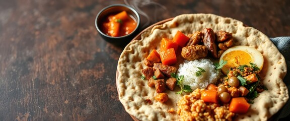 Delicious traditional indian meal with naan exotic ingredients rustic kitchen close-up view culinary art