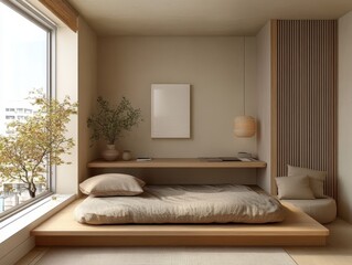 A modern zen inspired bedroom with a window and bed