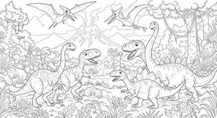Fototapeta premium Dinosaurs Playing in a Prehistoric Jungle with a Volcano