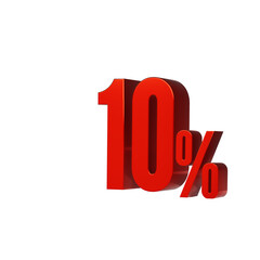 3d illustration of red number 10 percent or 10% isolated on white background. 3d render.