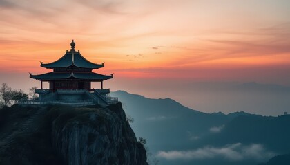 Fototapeta premium Breathtaking sunset view from ancient temple overlooking mountains scenic landscape serene atmosphere