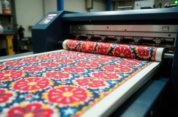 Fototapeta premium Colorful floral fabric printing process in modern textile manufacturing